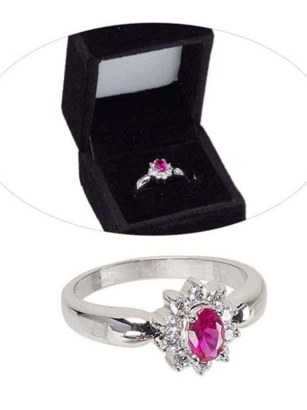 Womens Silver Tone Red Ruby Oval Zirconia Solitaire Ring Size 8 - Picture 2 of 3